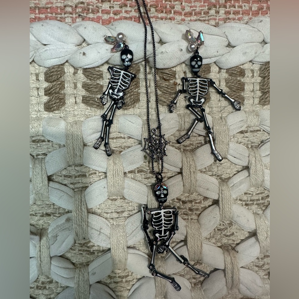 BETSY JOHNSON bedazzled skeleton necklace earring set